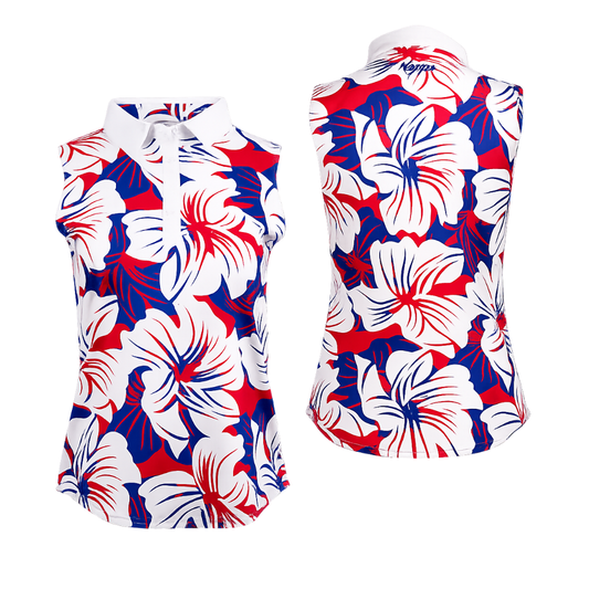 Blue Red White Floral Sleeveless Golf Shirt Women, Floral Golf Shirt For 4th Of July GZ0280