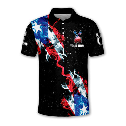 Custom Puerto Rico Flag Smoke Bowling Men's Polo Shirt, Custom Patriotic Bowling Team Shirts BM0345