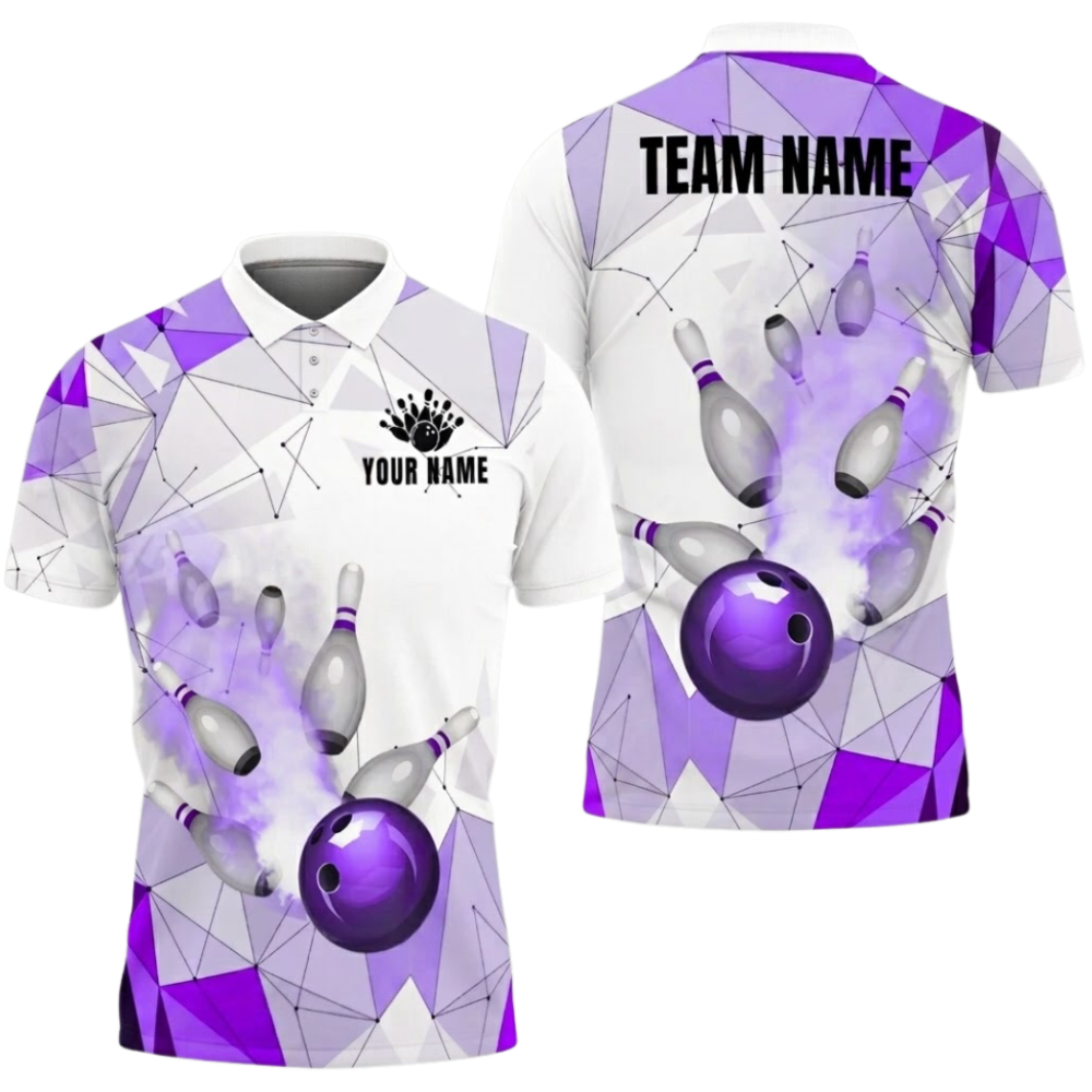 Custom Team Blue White Geometric Bowling Polo Shirt Men, Custom Bowling Shirt BZ0806