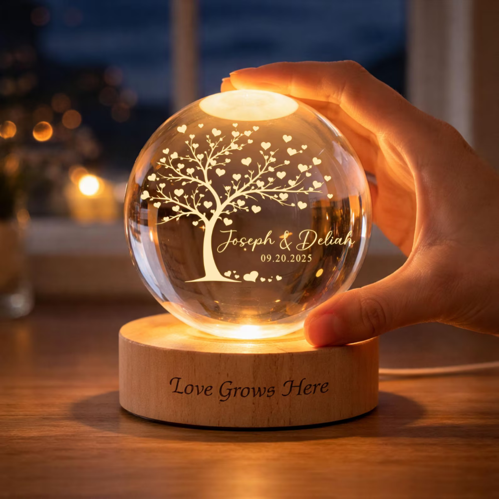 Love Grows Here Custom Tree Couple Name Crystal Ball Led Night Light, Custom Wedding Night Light WD0853