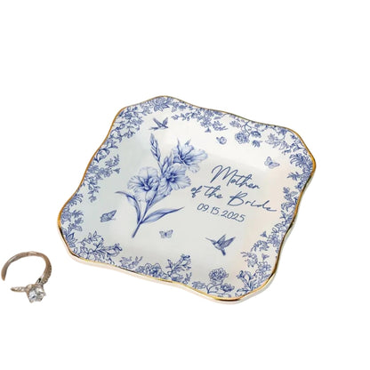 Custom Toile De Jouy Mother Of The Bride & Groom Jewelry Dish, Custom Wedding Jewelry Dish For Mother Of The Bride & Groom WD0054