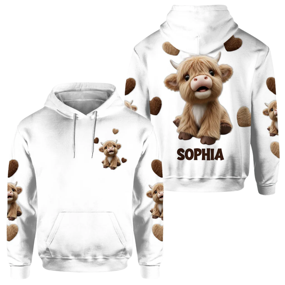 Highland Cow Personalized Name White 3D Hoodie For Men Women, Custom Highland Cow Hoodie 2D1276