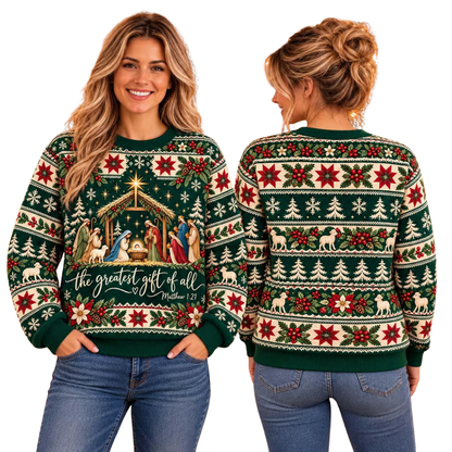 The Greatest Gift Of All Matthew 1:21 Ugly Christmas Sweatshirt Green, Christian Bible Verse Xmas Ugly Sweater 2D1232