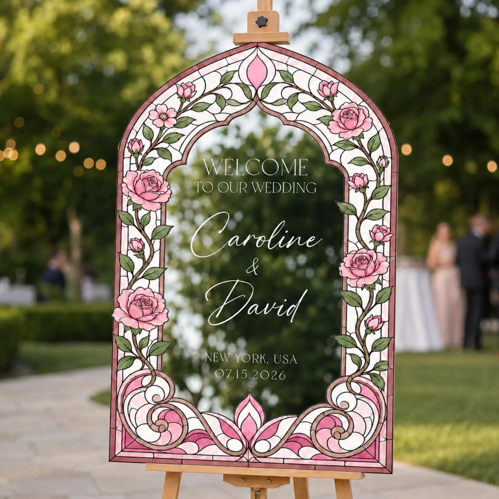 Custom Pink Magnolia Stained Glass Wedding Welcome Acrylic Mirror Sign, Custom Floral Stained Glass Wedding Sign WD0731