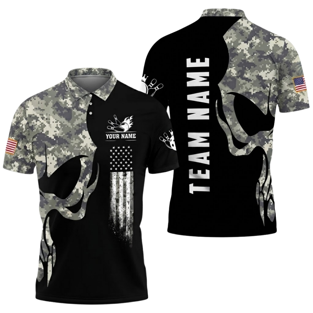 Custom Mens Camo Skeleton Bowling Polo Shirt, Custom Skull Bowling Team Shirts BZ0550