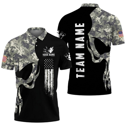 Custom Mens Camo Skeleton Bowling Polo Shirt, Custom Skull Bowling Team Shirts BZ0550