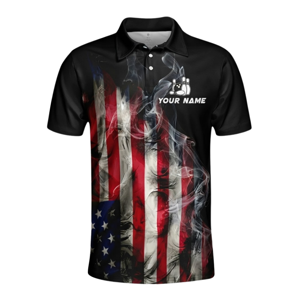 Custom American Flag Smoke Bowling Polo Shirt For Men, Custom Patriotic Bowling Team Shirt BZ1054