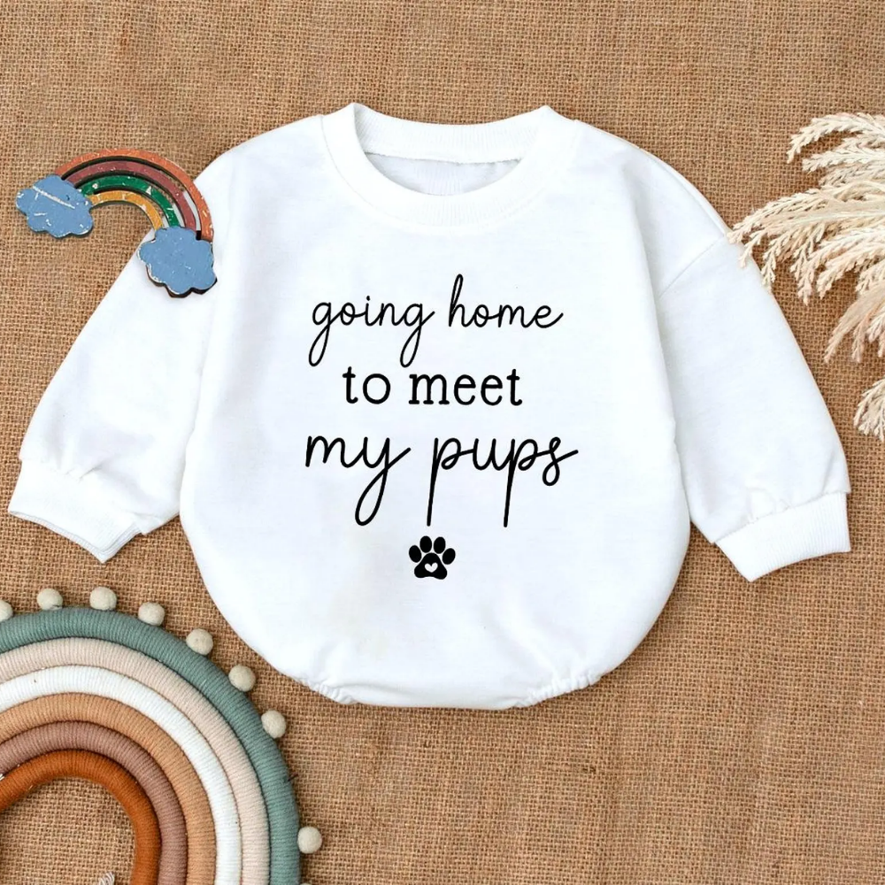 Baby Going Home to Meet My Pups Romper Sweatshirt, Funny Dog Lover Baby Romper Sweatshirt BB0111