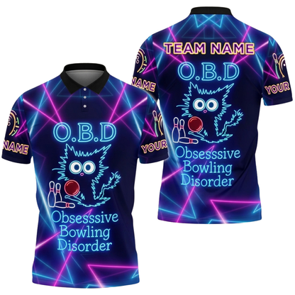 O.B.D Obsessive Bowling Disorder Custom Funny Cat Neon Bowling Polo Shirt For Men, Custom Funny Bowling Team Shirts BZ0743