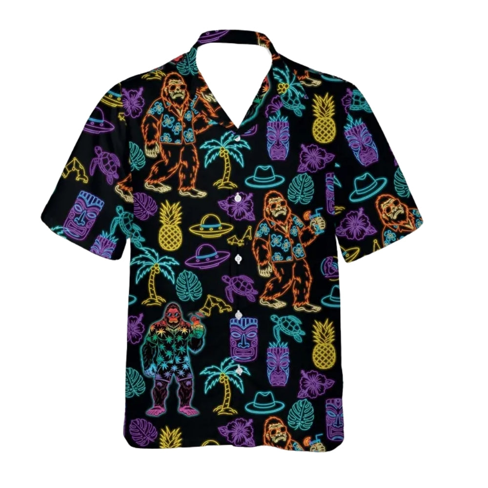 Neon Bigfoot Tiki Tropical Men's Hawaiian Shirt, Sasquatch Tiki Hawaiian Shirts HE0407