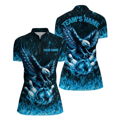 Custom Eagle Blue Flame Bowling Jersey Shirts Womens, Custom Eagle Bowling Team Shirts For Women BM0356