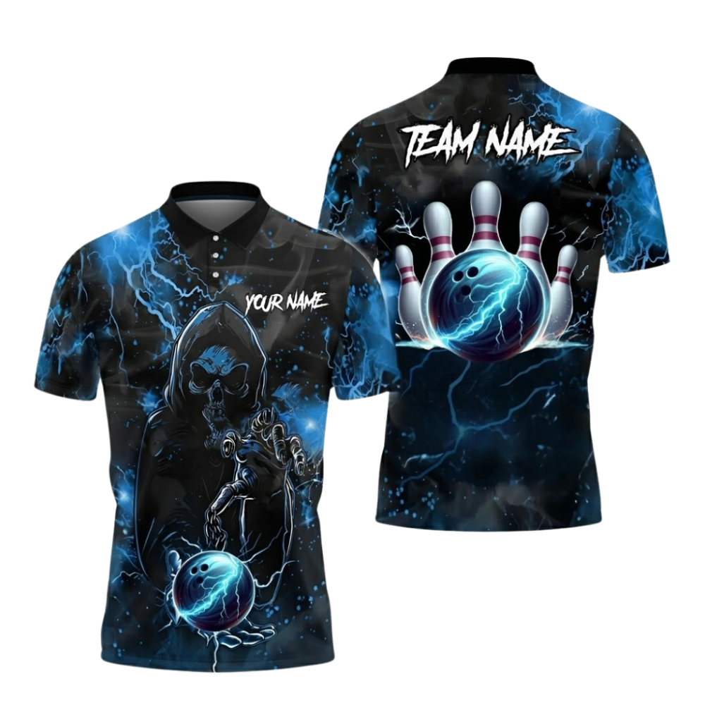 Custom Skull Blue Thunder Bowling Polo Shirts For Men, Custom Skull Team Bowling Shirts BZ1069