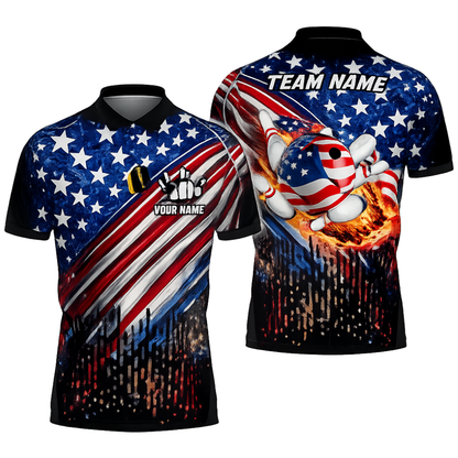 Custom American Flag Bowling Polo Shirt For Men, Custom Patriotic Bowling Team Shirts BZ0449