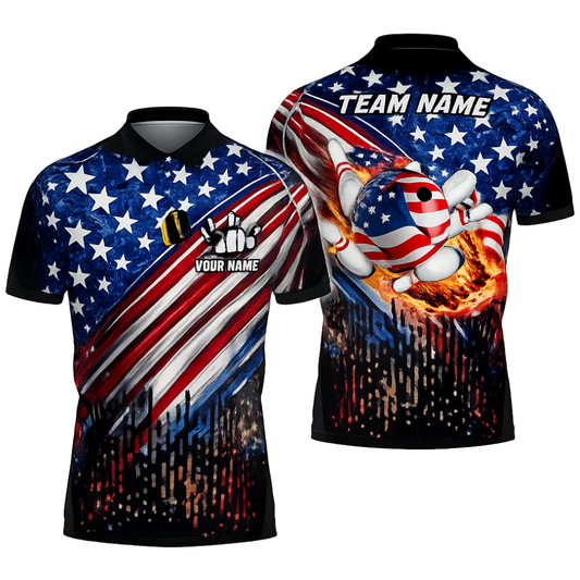 Custom American Flag Bowling Polo Shirt For Men, Custom Patriotic Bowling Team Shirts BZ0449