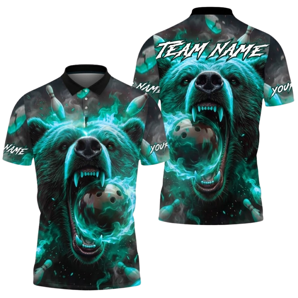 Custom Bear Fire Ball Bowling Polo Shirt For Men, Custom Bear Bowling Team Shirts BZ0504