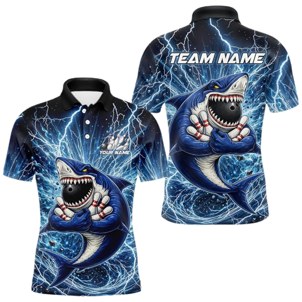 Shark Thunder Custom Bowling Polo Shirt For Men, Custom Shark Bowling Team Shirt BZ0945