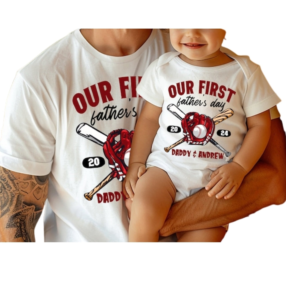 Our First Father's Day Baseball Matching T Shirts For Dad Son, Custom Baseball Matching 1st Father's Day Shirts ET1009