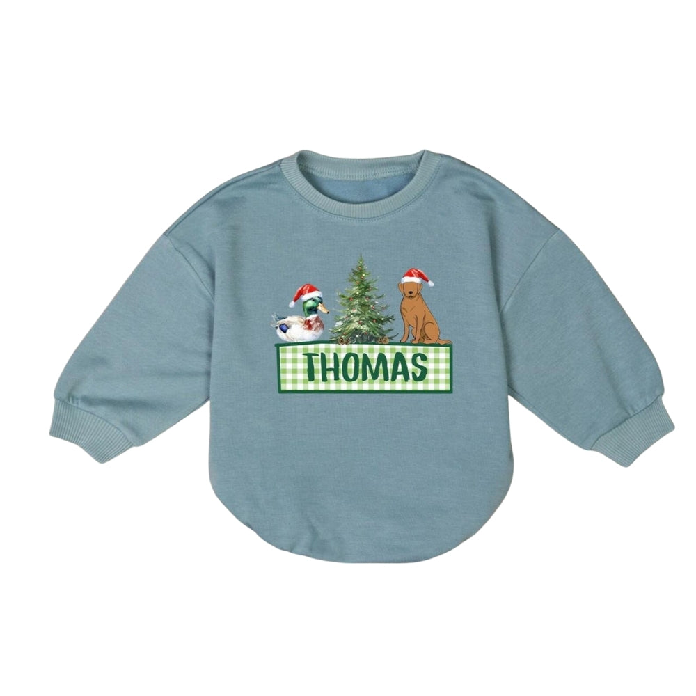 Personalized Mallard Duck Labrador Christmas Tree Baby Romper Sweatshirt, Custom Name Christmas Baby Hunting Romper Sweatshirt BB0207