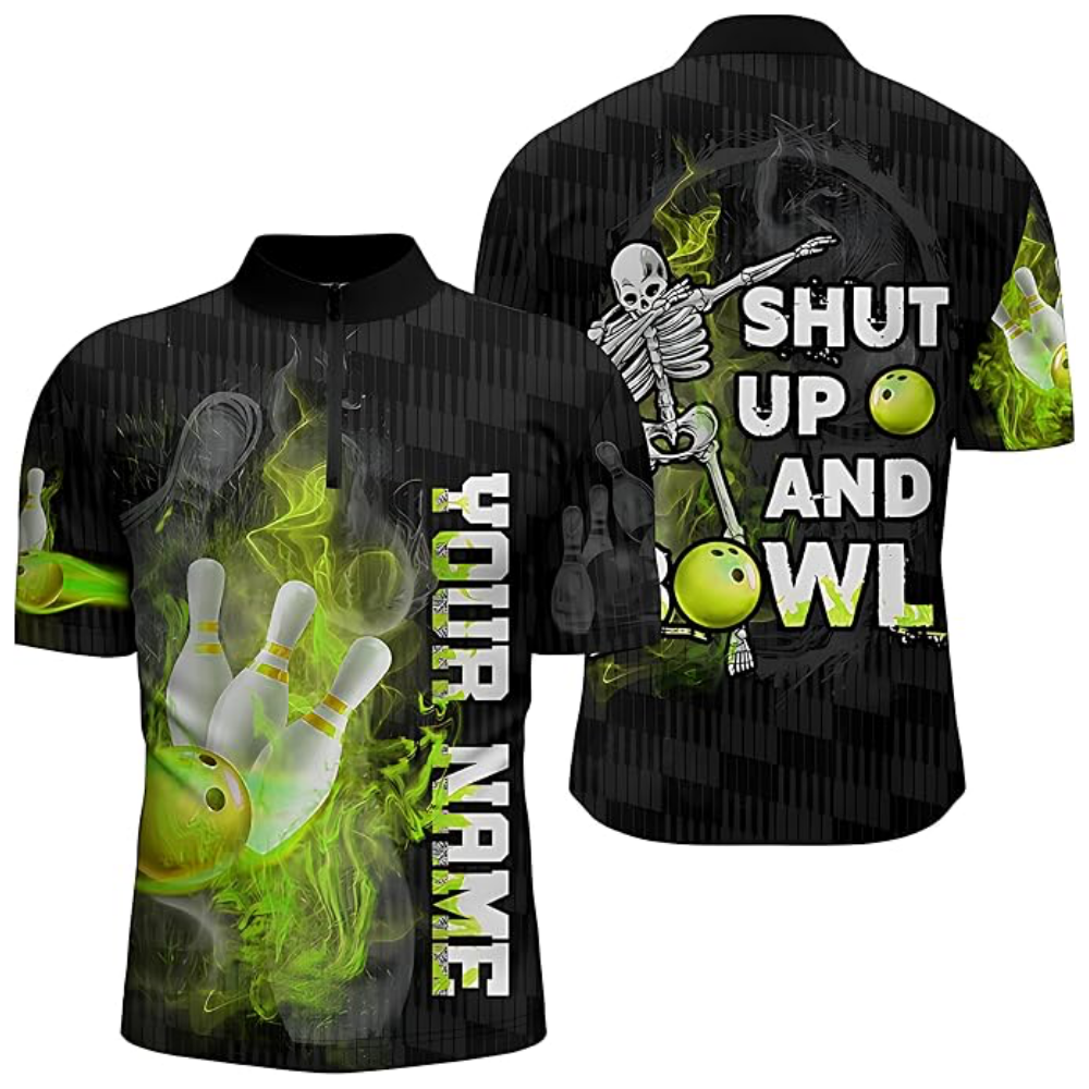 Shut Up And Bowl Custom Skeleton Flame Men's Bowling Jersey, Custom Skull Bowling Shirts  BZ0792