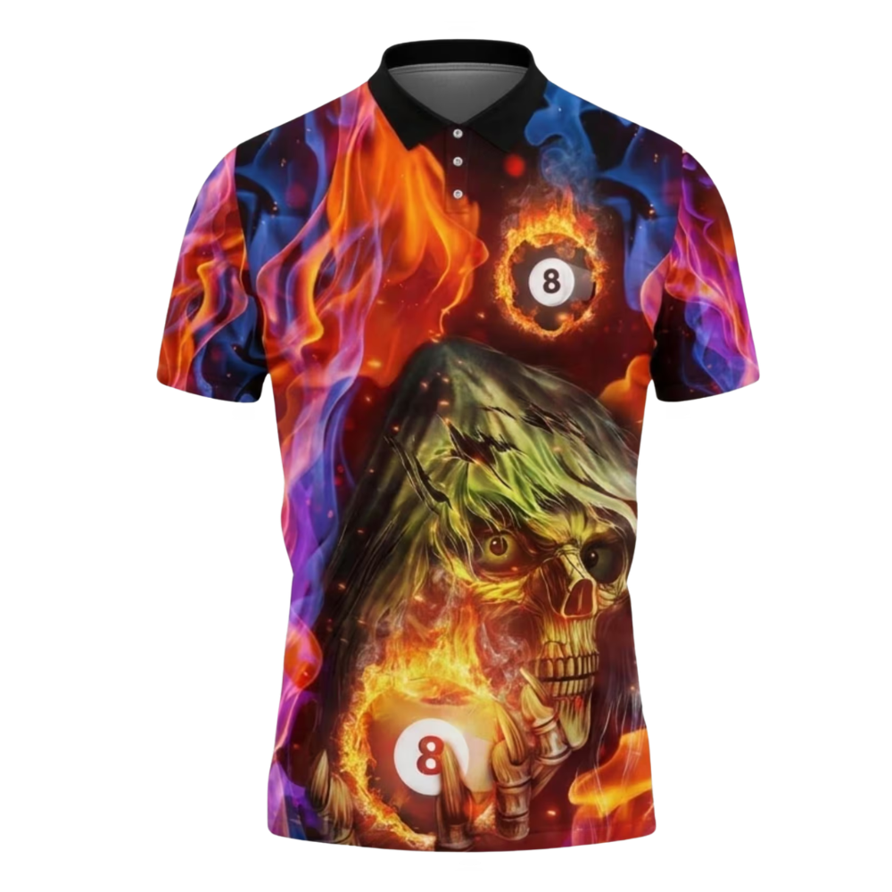 Custom Skull 8 Ball Flaming Billiard Polo Shirts For Men, Custom Skull 8 Ball Pool Shirts Team BIE0070
