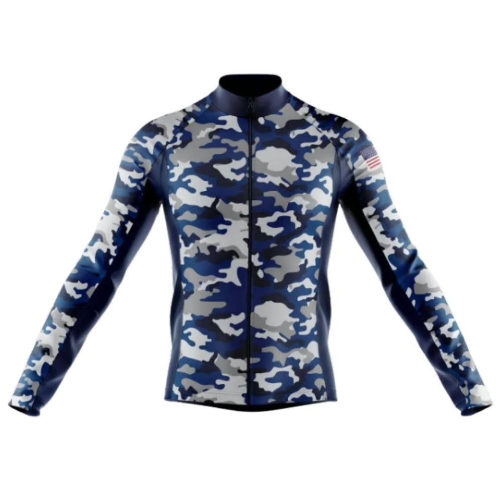 Men's Blue Camo Cycling Long Sleeve Jersey For Men, Camouflage Cycling Jerseys CG0724
