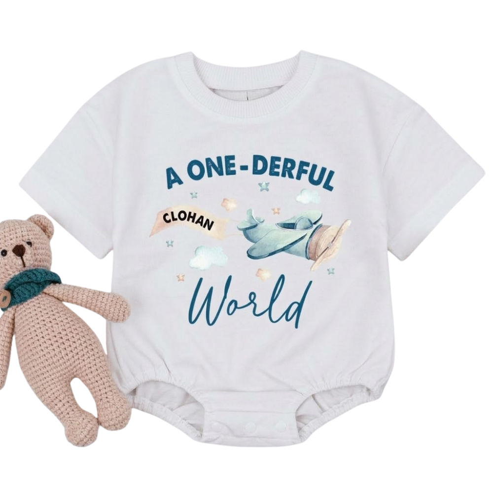 Personalized A Onederful World Baby T Shirt Romper, Custom Airplane First Birthday Baby Romper BB0306