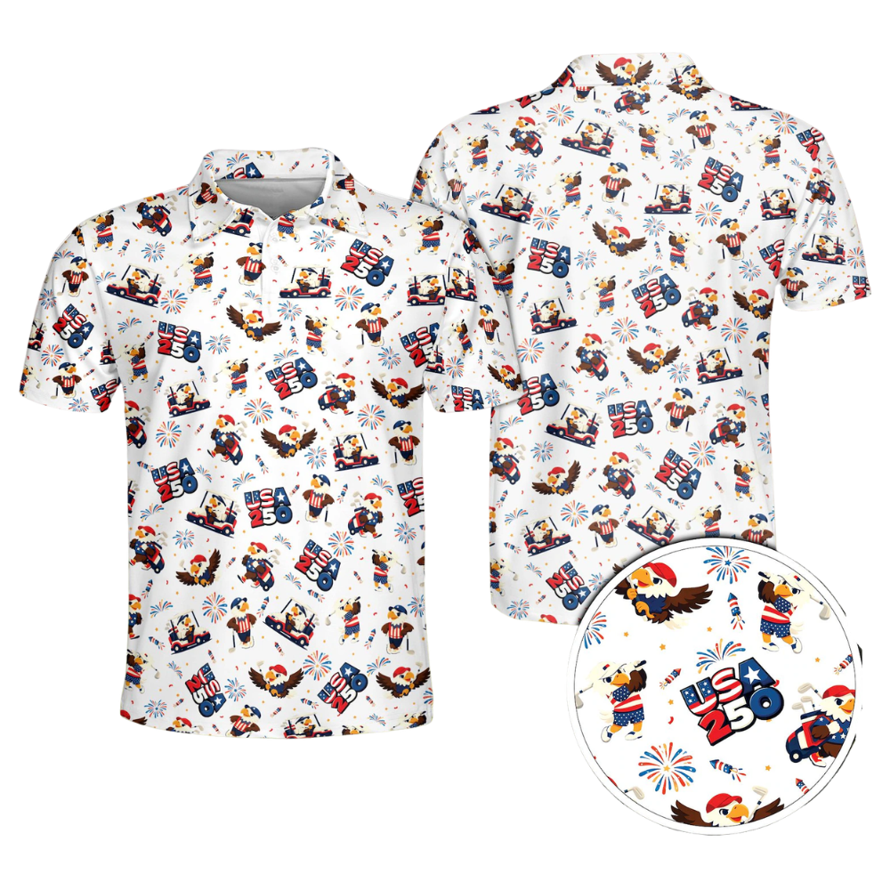 Men's Funny Eagle American Flag Navy Golf Polo Shirts, 4th Of July Eagle Golf Shirts GE0481