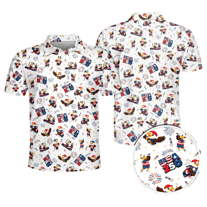 Men's Funny Eagle American Flag Navy Golf Polo Shirts, 4th Of July Eagle Golf Shirts GE0481
