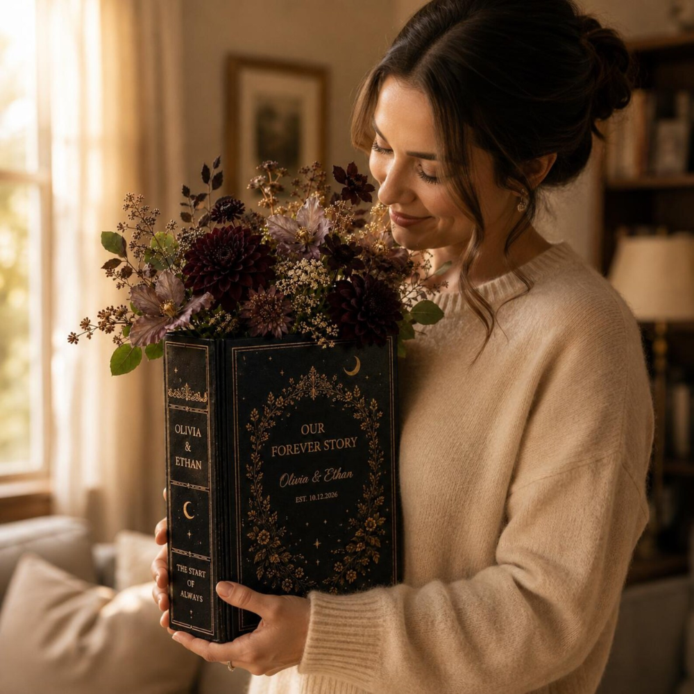 Our Forever Story Custom Celestial Wedding Black Ceramic Book Vase, Custom Gothic Wedding Book Vase WD0586