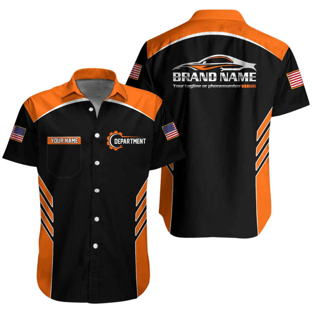 Personalized Racing Team Workwear Button Hawaiian Shirt Men, Custom Mechanic Uniform Shirts For Company HE0379