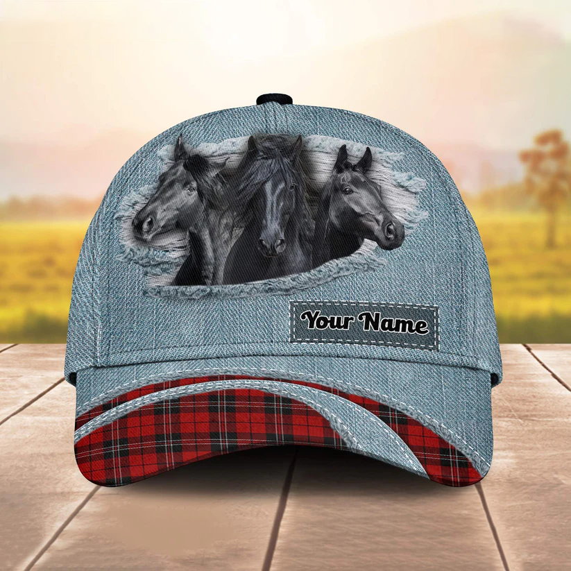 Black Horse Red Caro And Jeans Pattern Customized Name Cap CA0184