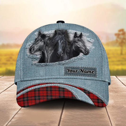Black Horse Red Caro And Jeans Pattern Customized Name Cap CA0184