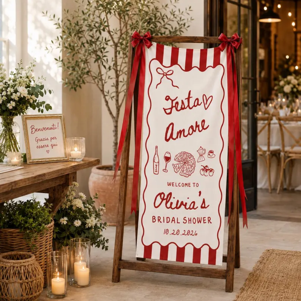 Festa Amore Custom Bridal Shower Fabric Welcome Sign White Red, Custom Italian Bridal Shower Banner WD0487