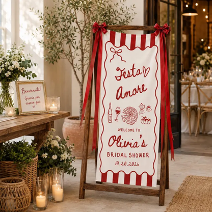 Festa Amore Custom Bridal Shower Fabric Welcome Sign White Red, Custom Italian Bridal Shower Banner WD0487