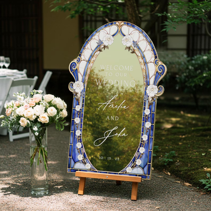 Custom Blue Stained Glass Floral Wedding Acrylic Sign, Custom Wedding Sign Stained Glass WD0680