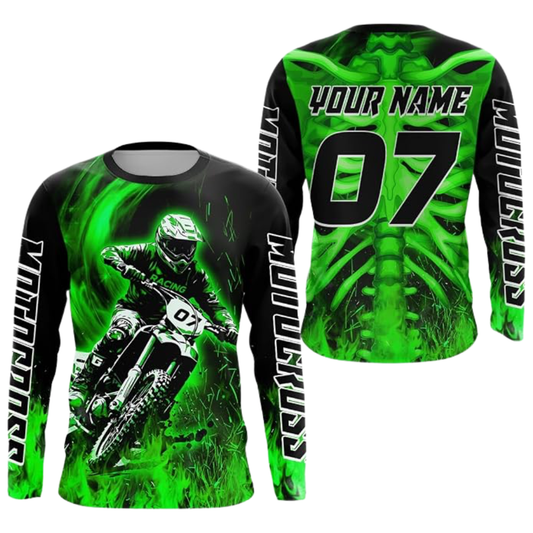 Custom Skeleton Motocross Jersey Long Sleeve Men, Custom Skull Dirt Bike Shirts Green Black MZ0109