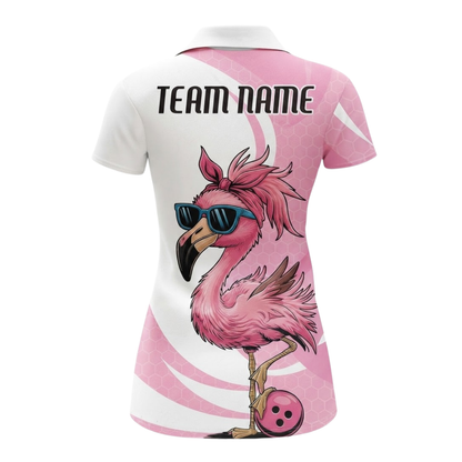 Flamingo Women's Custom Bowling Polo Shirt, Custom Flamingo Bowing Team Shirts For Ladies BZ0520