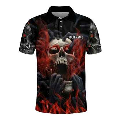 Custom Skeleton Red Smoke Bowling Polo Shirt For Men, Custom Skull Bowling Shirts BZ0762