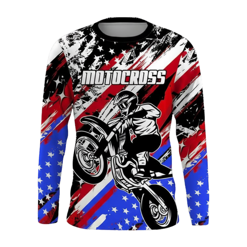 Custom American Flag Rider Motocross Long Sleeve Jersey Shirt Mens, Personalized Patriotic Dirt Bike Motocross Shirts MZ0089