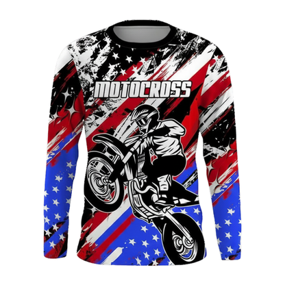 Custom American Flag Rider Motocross Long Sleeve Jersey Shirt Mens, Personalized Patriotic Dirt Bike Motocross Shirts MZ0089