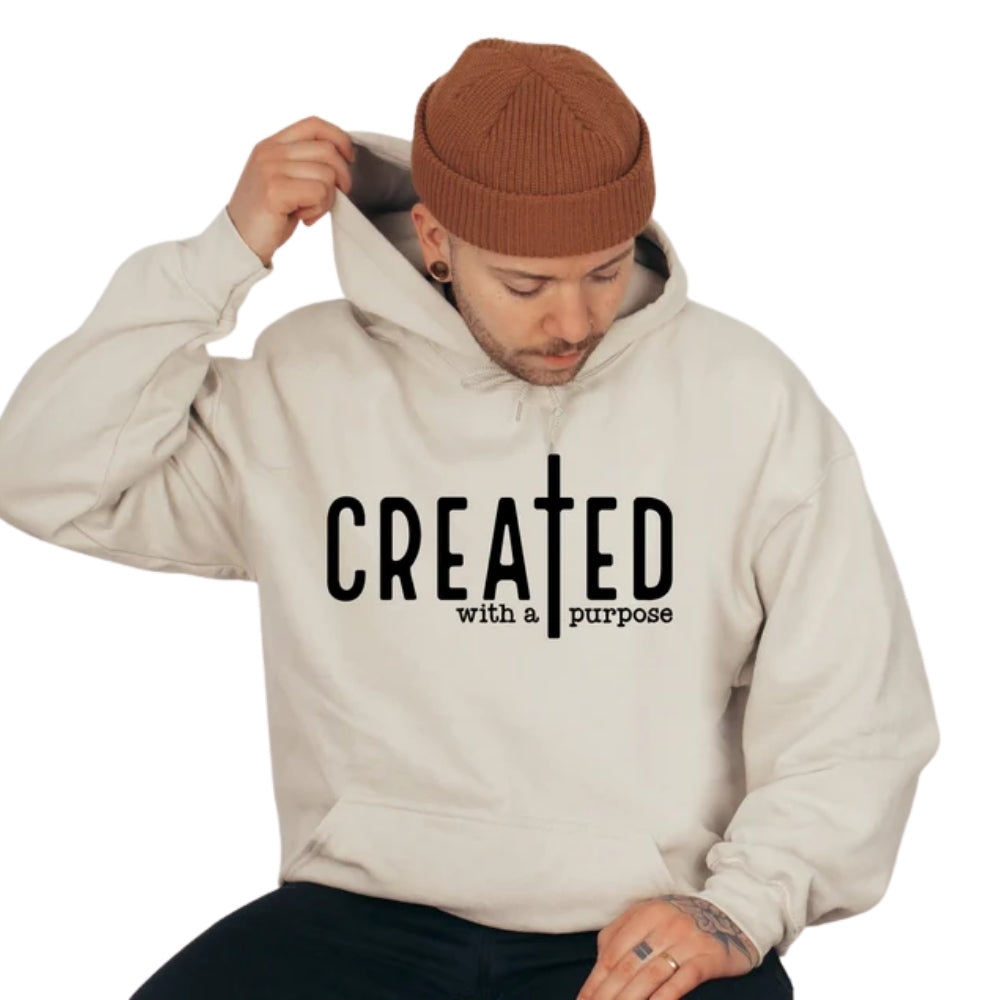 Mens Created With A Purpose Hoodie, Christian Faith Sweatshirt 2D0326