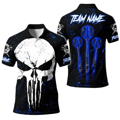 Custom Skull Black And Blue Darts Polo Shirt For Men, Custom Skull Darts Team Shirts DE0078