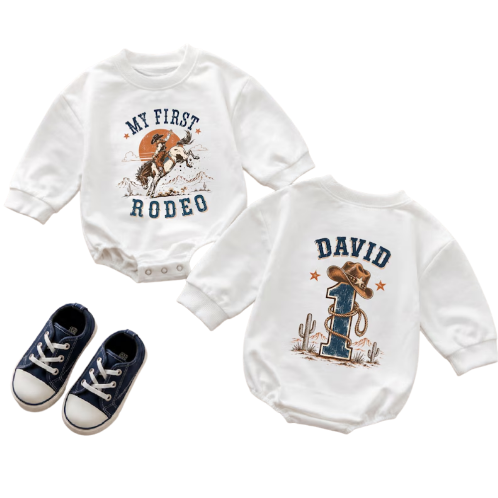 My First Rodeo Custom Cowboy Baby Romper Sweatshirt, Custom Western First Birthday Baby Romper Sweater BB0508