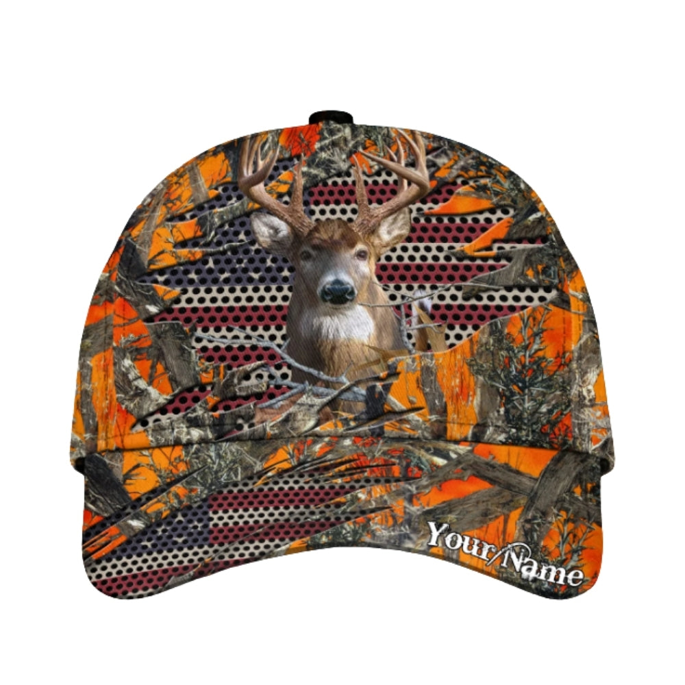 Custom USA Flag Camo Deer Baseball Cap For Hunter, Custom Patriotic Deer Hunting 3D Printed Caps CP0372
