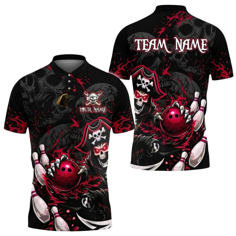 Custom Pirate Skull Bowling Men Polo Shirt Red Black, Custom Skull Bowling Team Shirt BZ0996