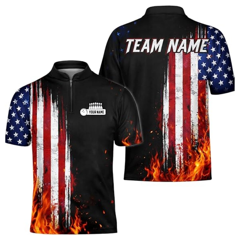 Custom Men's American Flag Bowling Jersey, Custom Patriotic Bowling Team Shirts BZ0369