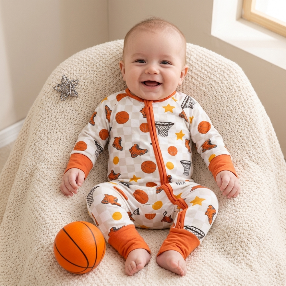Baseketball Baby Romper Convertible Zipper, Basketball Convertible Romper For Baby BB0639