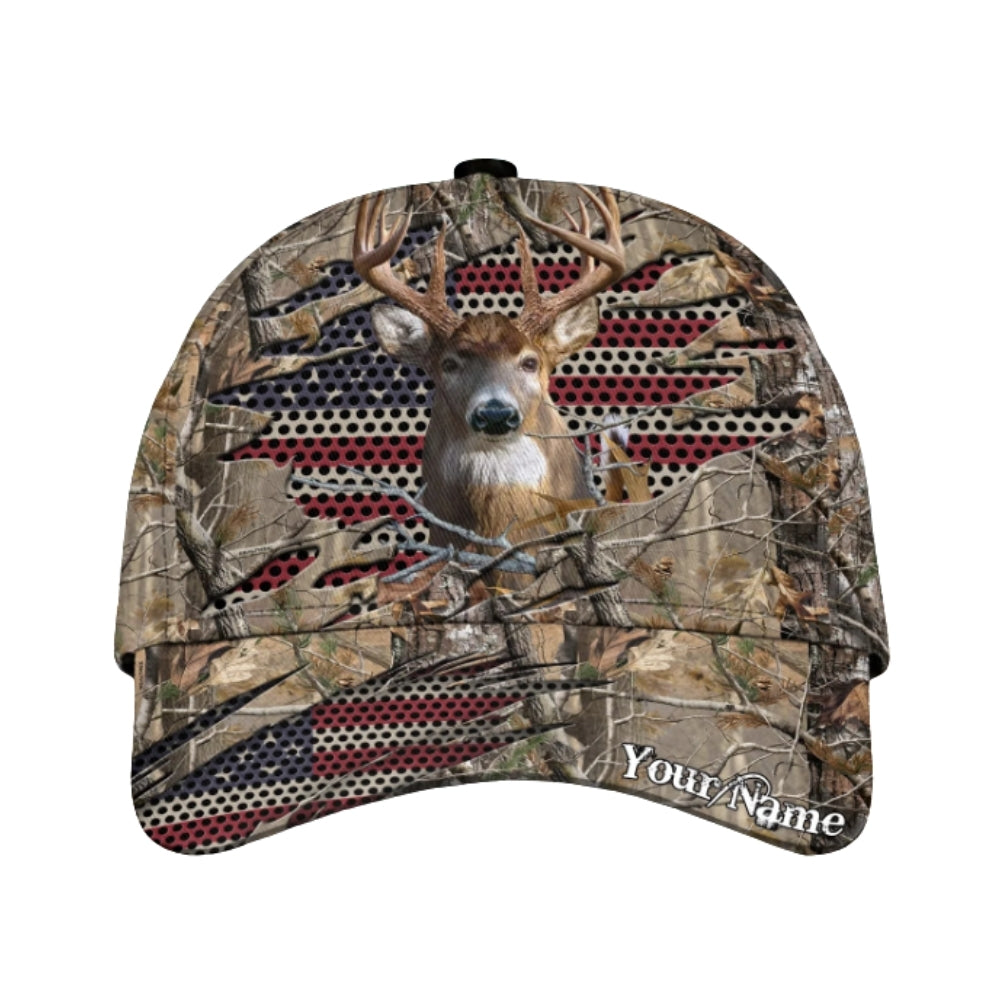 Custom USA Flag Camo Deer Baseball Cap For Hunter, Custom Patriotic Deer Hunting 3D Printed Caps CP0372