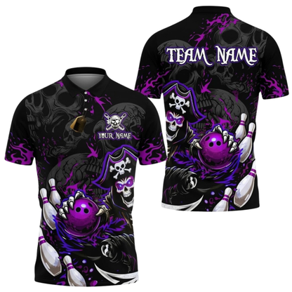 Custom Pirate Skull Bowling Men Polo Shirt Red Black, Custom Skull Bowling Team Shirt BZ0996