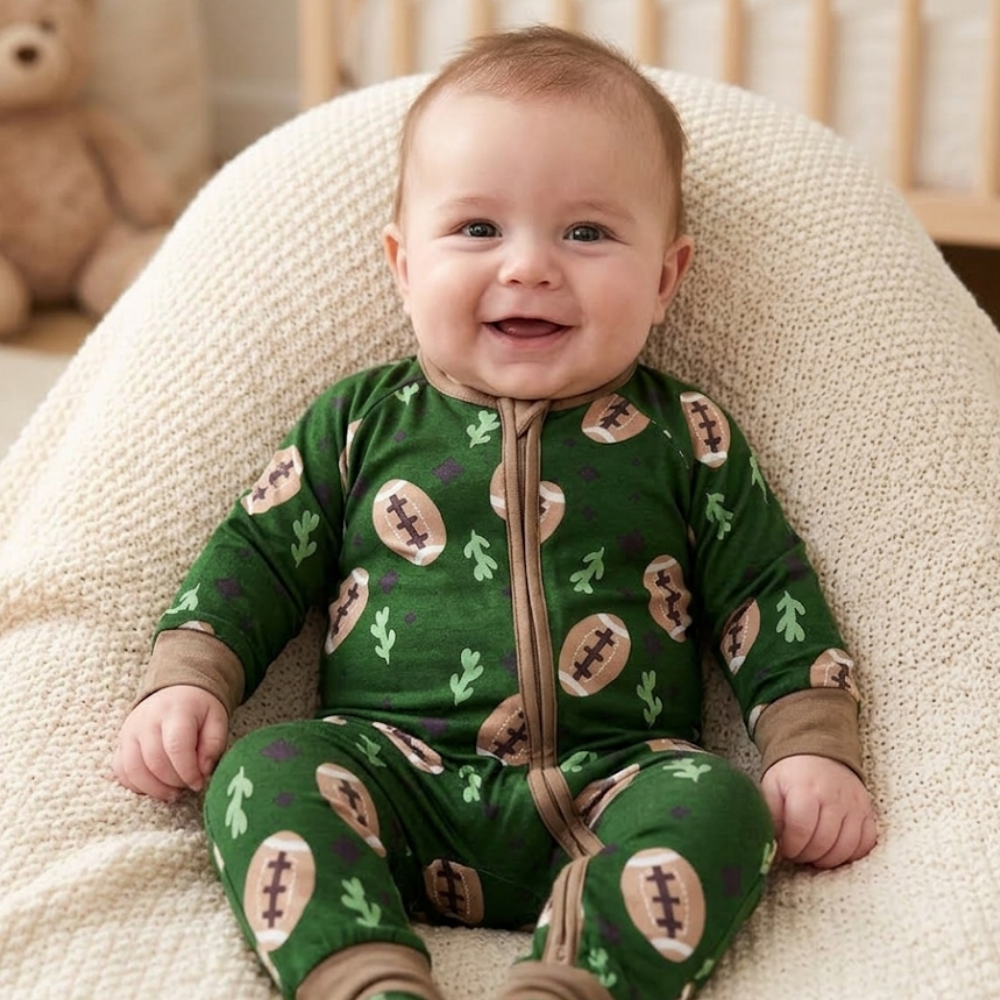 Football Green Baby Convertible Zippy Romper, Football Baby Romper Convertible BB0640